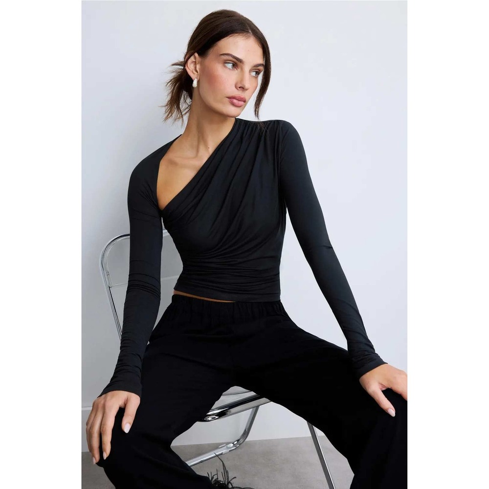 LAPOINTE Black Jersey One Shoulder Draped Ruched Long Sleeve Top XS Pinhole
